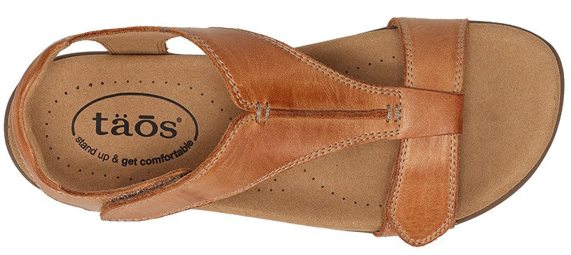 Tan sandal with leather straps and "Taos" logo on the insole.