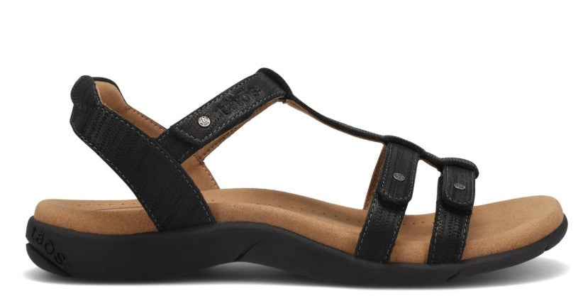 Black T-strap sandal with adjustable straps and low heel.