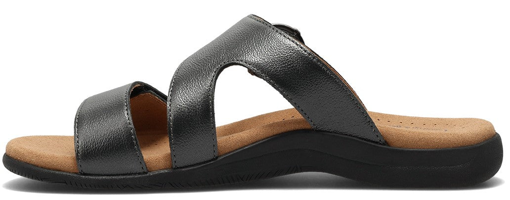 A sandal with two straps over the top of the foot.