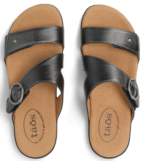 Pair of Taos black sandals with two straps.
