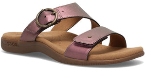 A pink sandal with two straps, one with an adjustable buckle.