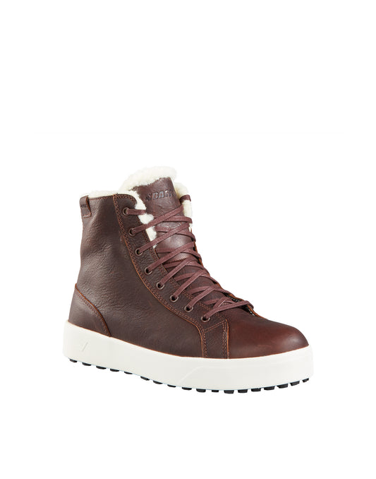 High top brown leather boot with white trim.