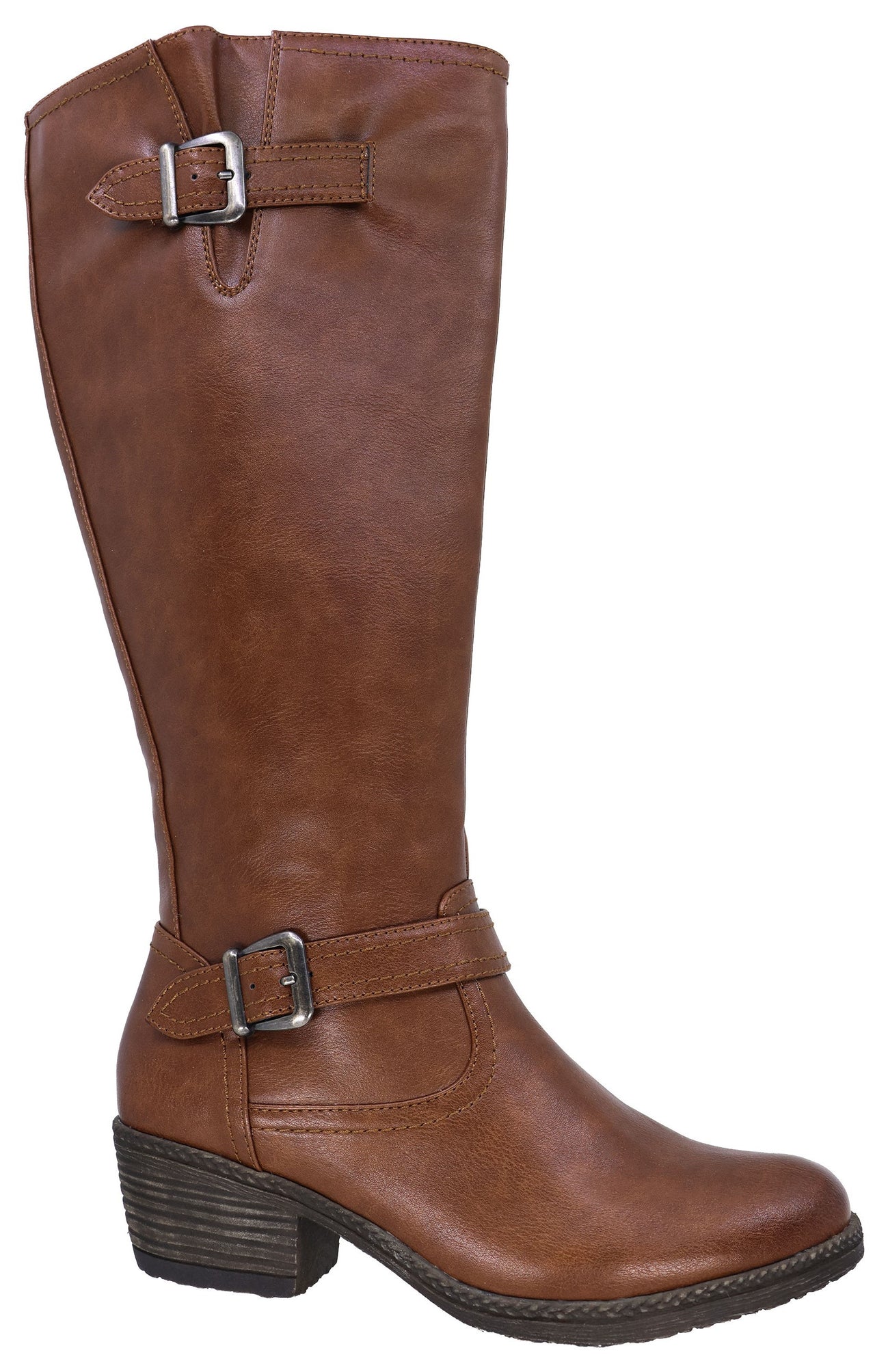 A brown knee-high boot featuring a low, stacked heel and two straps with silver-toned buckles, one at the ankle and one near the top of the shaft.