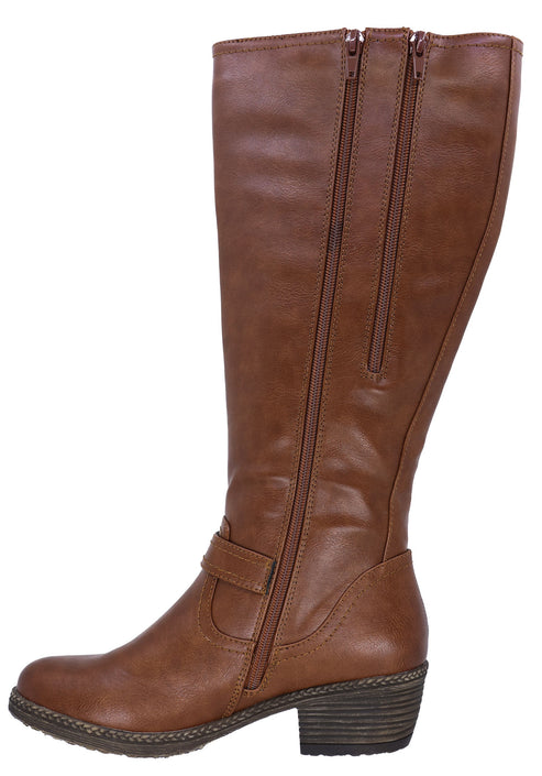 A tan brown, knee-high, faux leather boot with a side zipper, a decorative buckle strap across the ankle, and a low, stacked-look block heel.