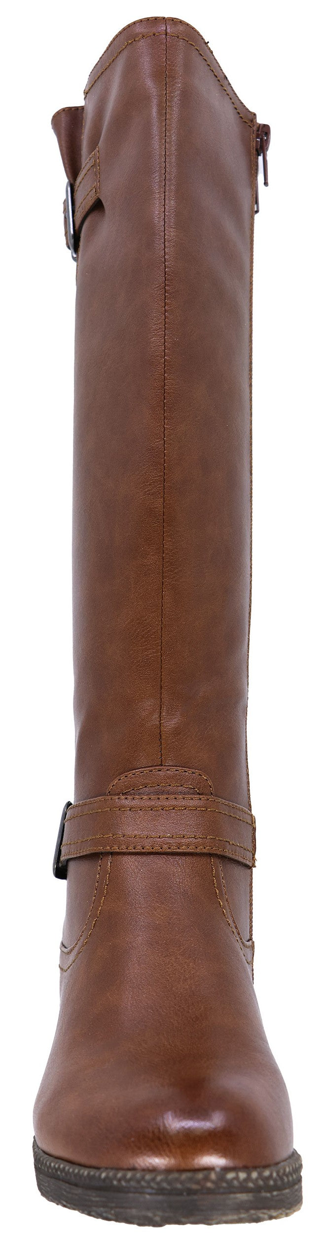 A brown knee-high leather riding boot with a small buckle strap at the ankle, a side zipper, and a low stacked heel.
