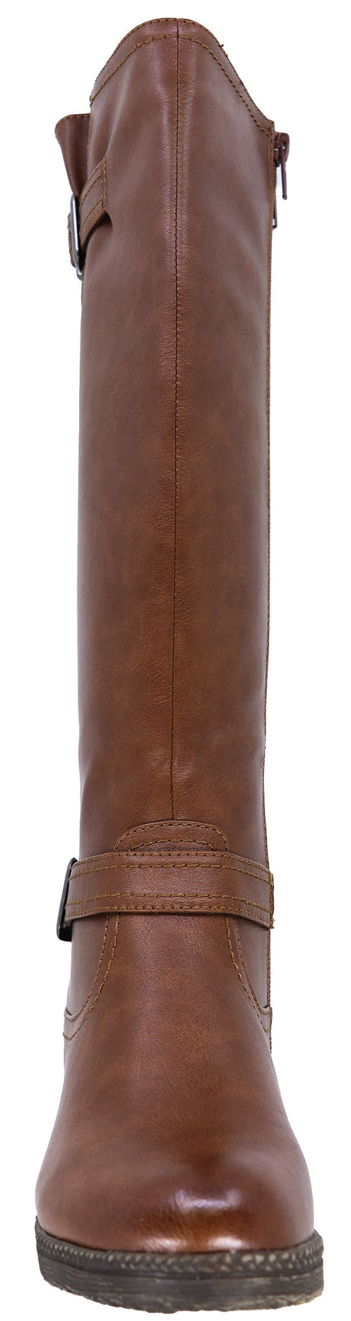 A brown knee-high leather riding boot with a small buckle strap at the ankle, a side zipper, and a low stacked heel.
