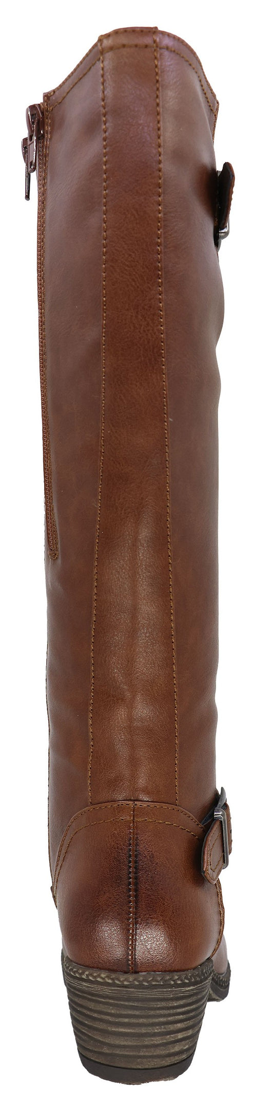 A back view of a knee-high brown leather riding boot with a stacked heel and a buckle detail at the ankle.