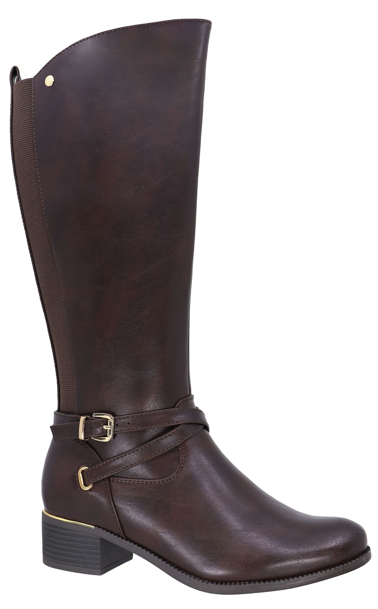 A dark brown knee-high leather boot with a low block heel, featuring a wrap-around strap with a gold-toned buckle at the ankle and a small gold-toned metal accent on the side of the heel.