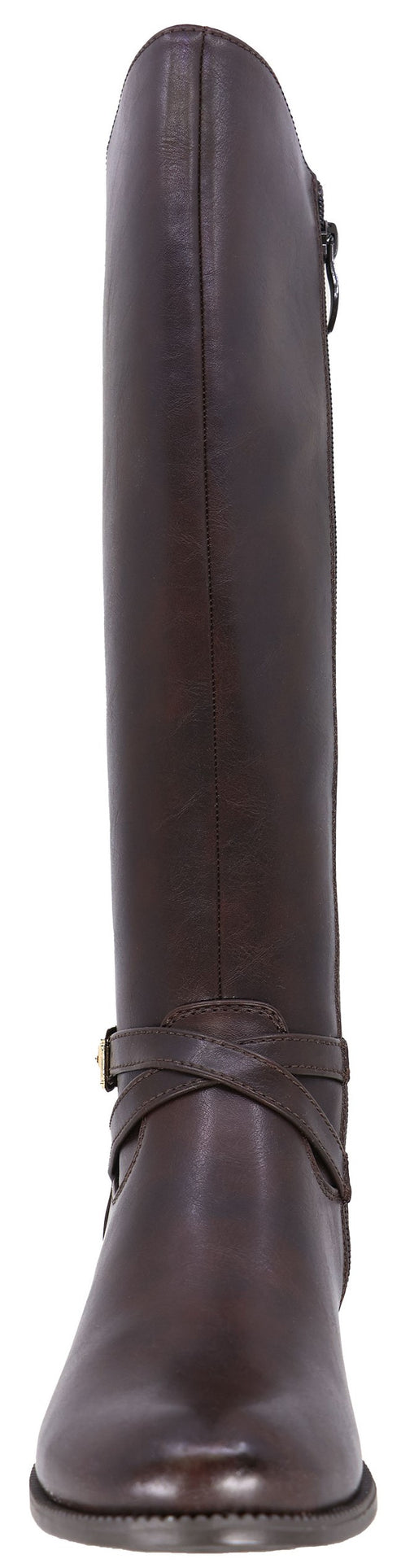A dark brown leather knee-high boot featuring a rounded toe, a vertical seam up the front shaft, a decorative cross-strap detail around the ankle with a small side buckle, and a side zipper closure.
