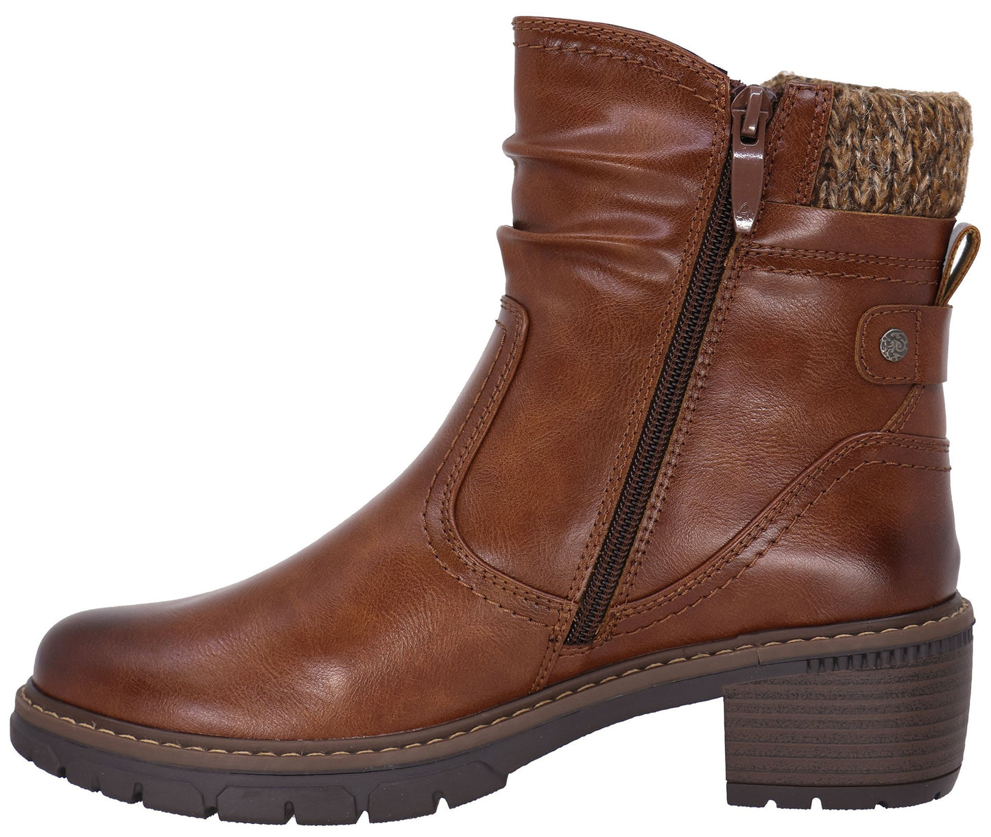 A tan brown synthetic leather ankle boot featuring a side zipper, a ruched upper, and a knitted textile cuff at the top, set on a low block heel with a textured lug sole.