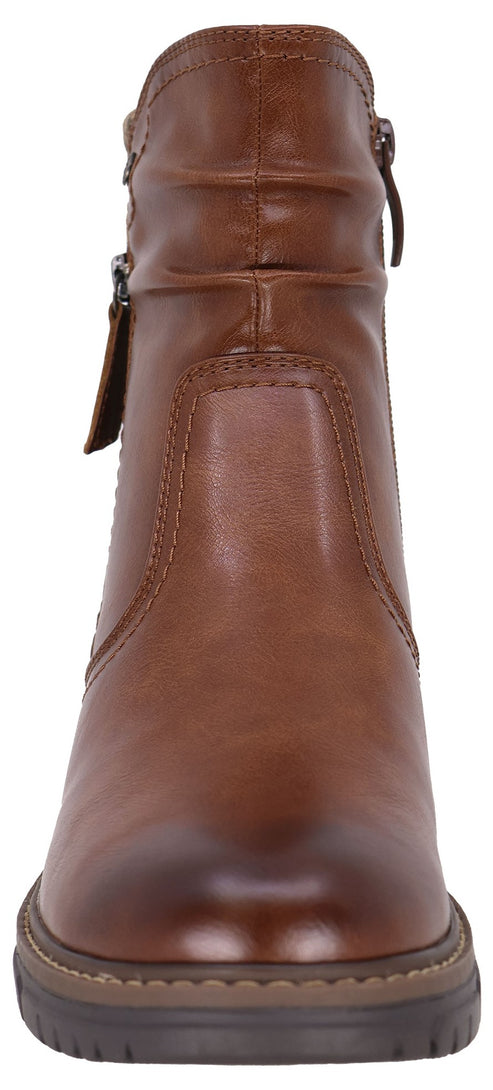 A brown leather ankle boot viewed from the front, featuring a rounded toe, a ruched upper shaft, and a side zipper, set on a lugged rubber sole.