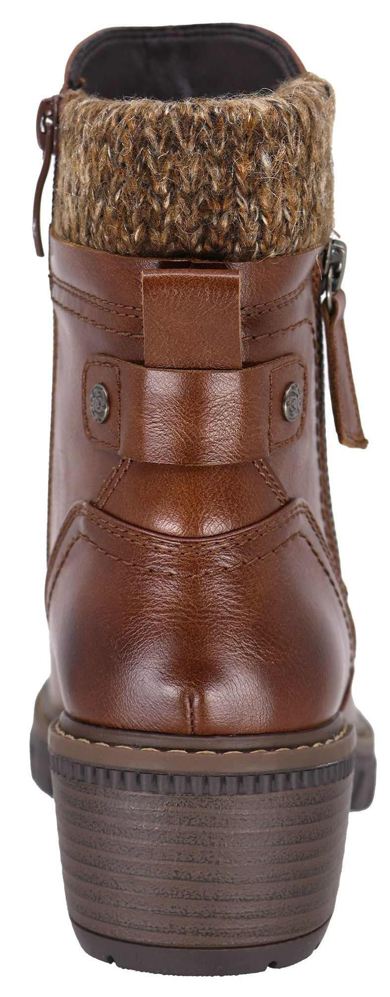 A back view of a brown leather ankle boot with a cable-knit collar, a rear heel tab, a side zipper, and a thick, ridged sole.