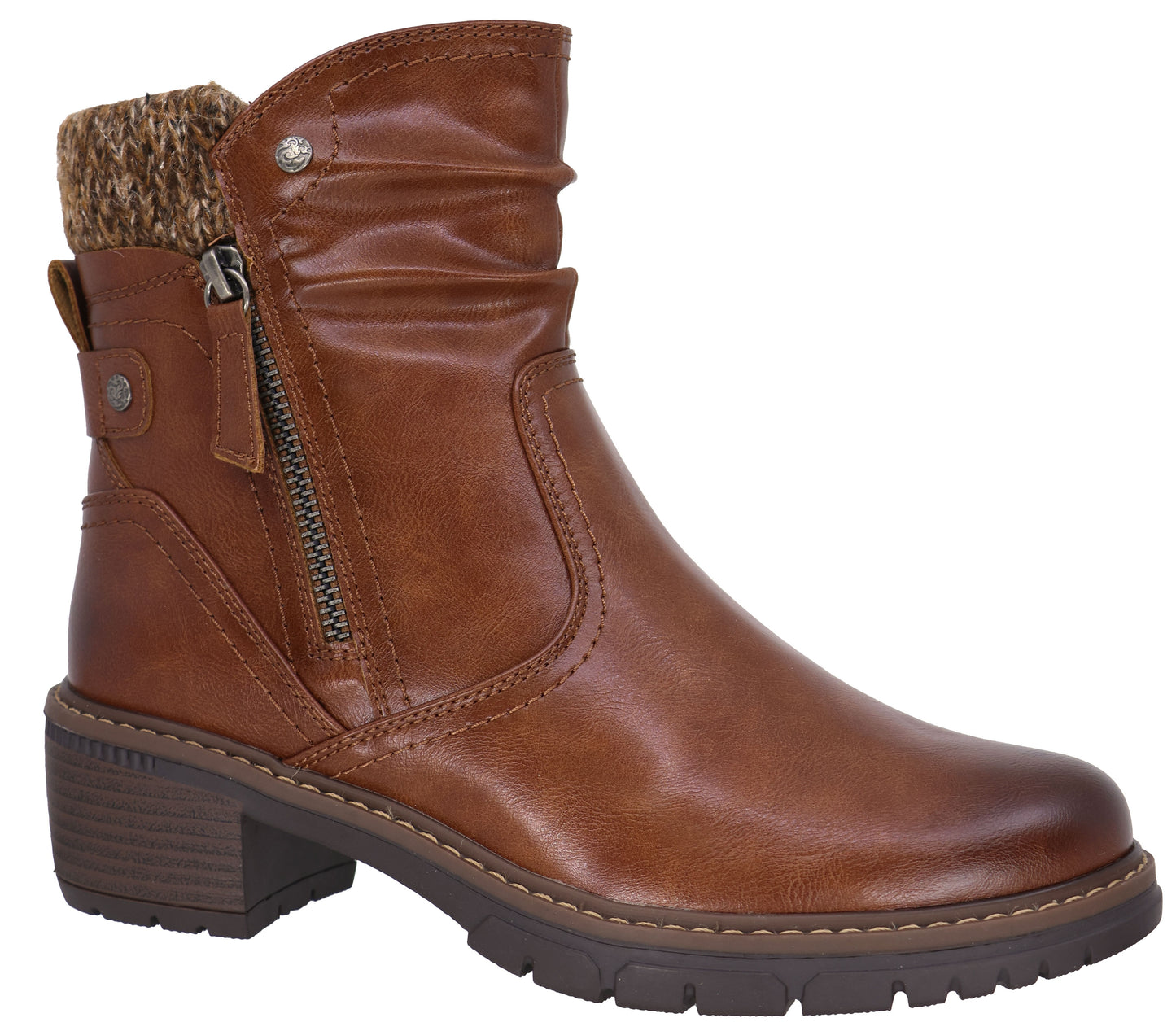 A brown faux leather ankle boot featuring a slouchy upper, a side zipper, a knit fabric collar, and a thick, lugged brown sole with a small block heel.
