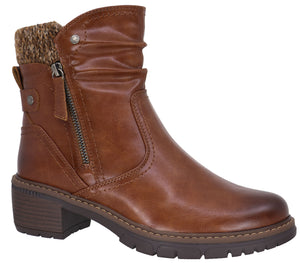 A brown faux leather ankle boot featuring a slouchy upper, a side zipper, a knit fabric collar, and a thick, lugged brown sole with a small block heel.