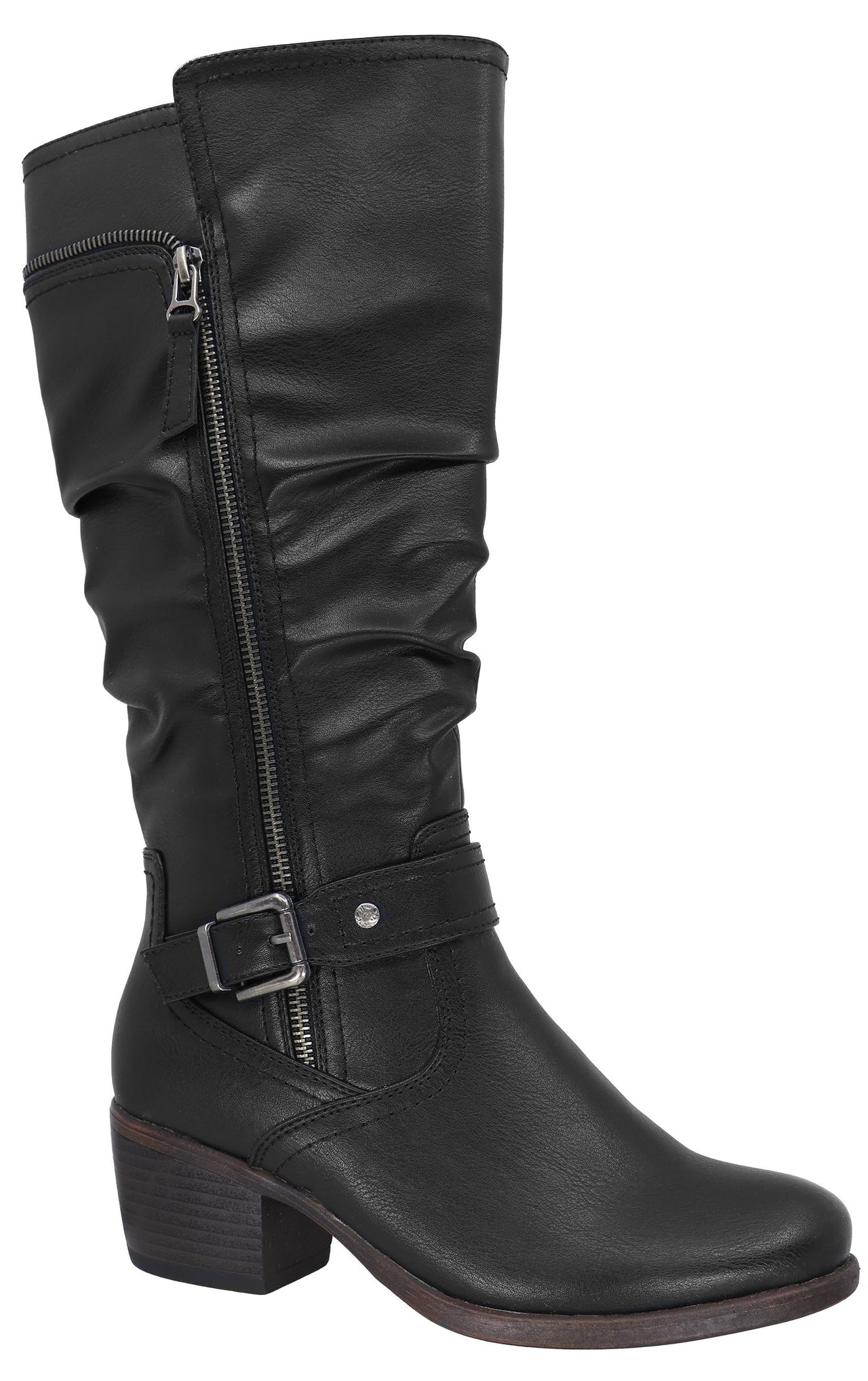 A black, knee-high, synthetic leather boot with a slouchy shaft, side zipper, and a buckled strap detail at the ankle, featuring a low, stacked block heel.