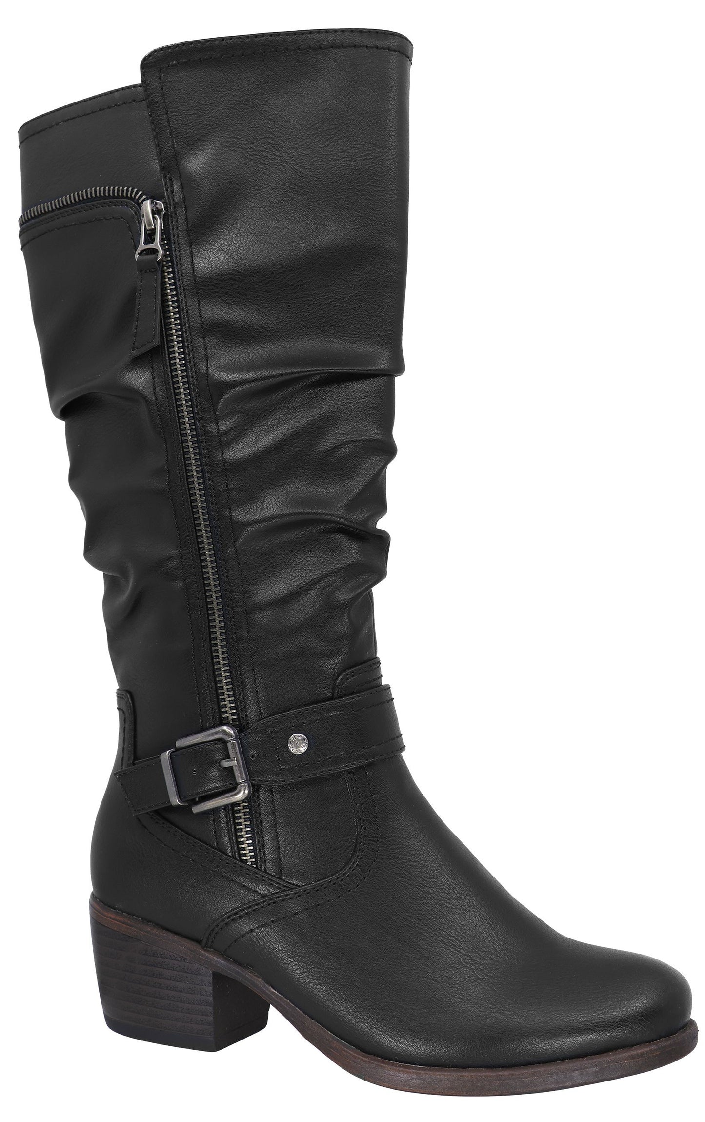 A black, knee-high, synthetic leather boot with a slouchy shaft, side zipper, and a buckled strap detail at the ankle, featuring a low, stacked block heel.