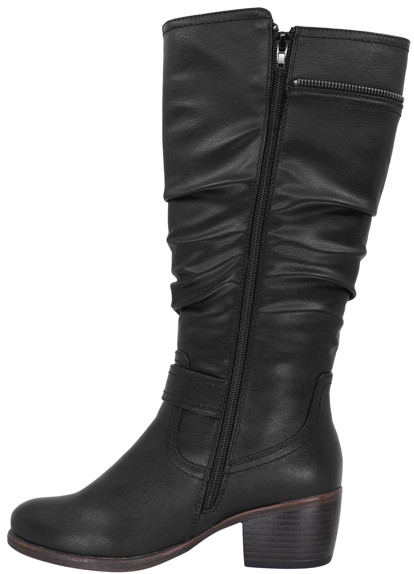 A black, knee-high, synthetic leather boot with a ruched shaft, a full side zipper, a decorative buckled strap at the ankle, and a low block heel.