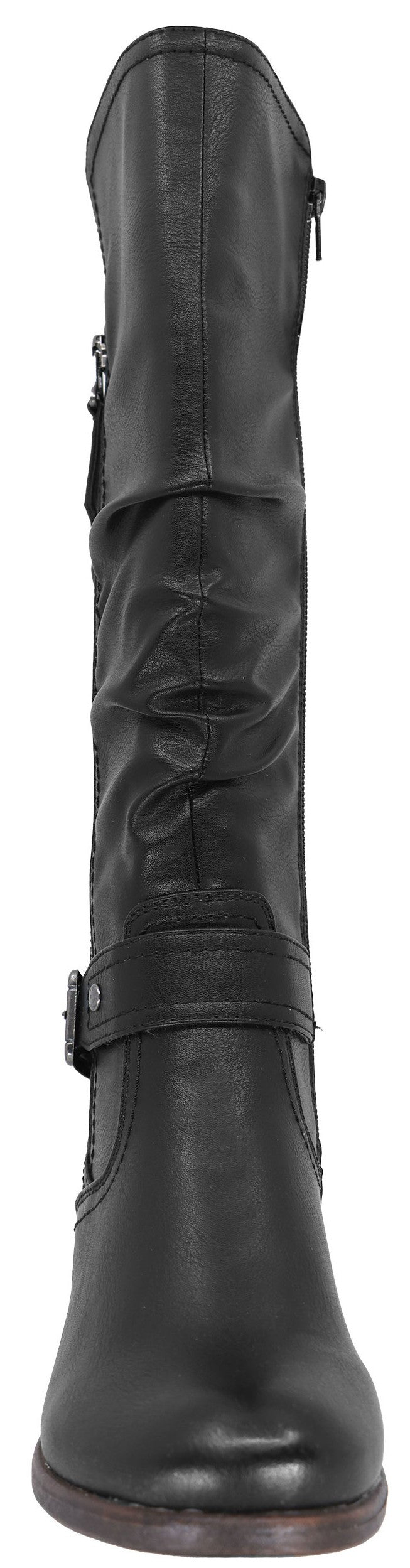 A black, mid-calf length, faux leather boot with a slightly slouchy shaft, a side zipper, and a decorative strap with a buckle at the ankle, shown from a front-facing perspective.