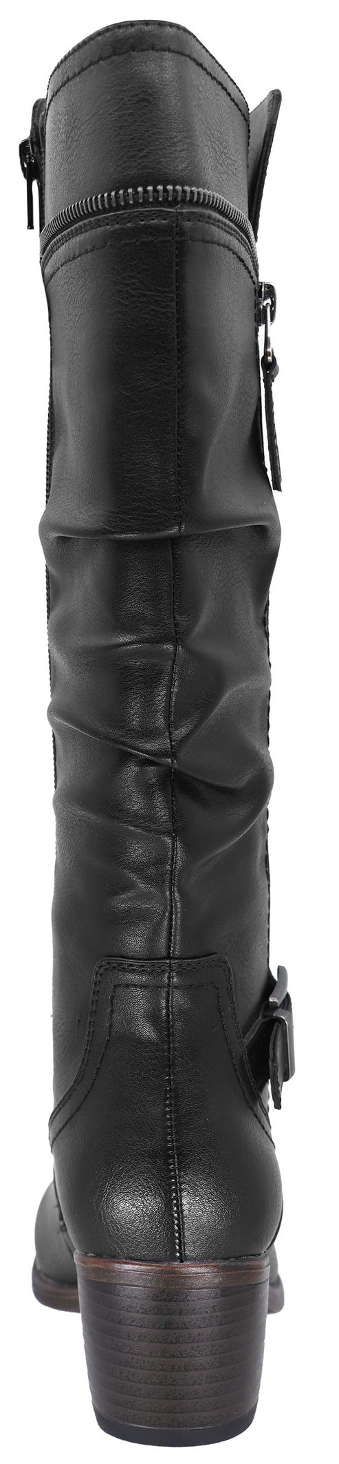 A back view of a black, mid-calf length boot with a chunky, stacked-wood look heel. The boot features subtle ruching along the shaft, a side zipper, and a decorative buckle strap at the ankle.