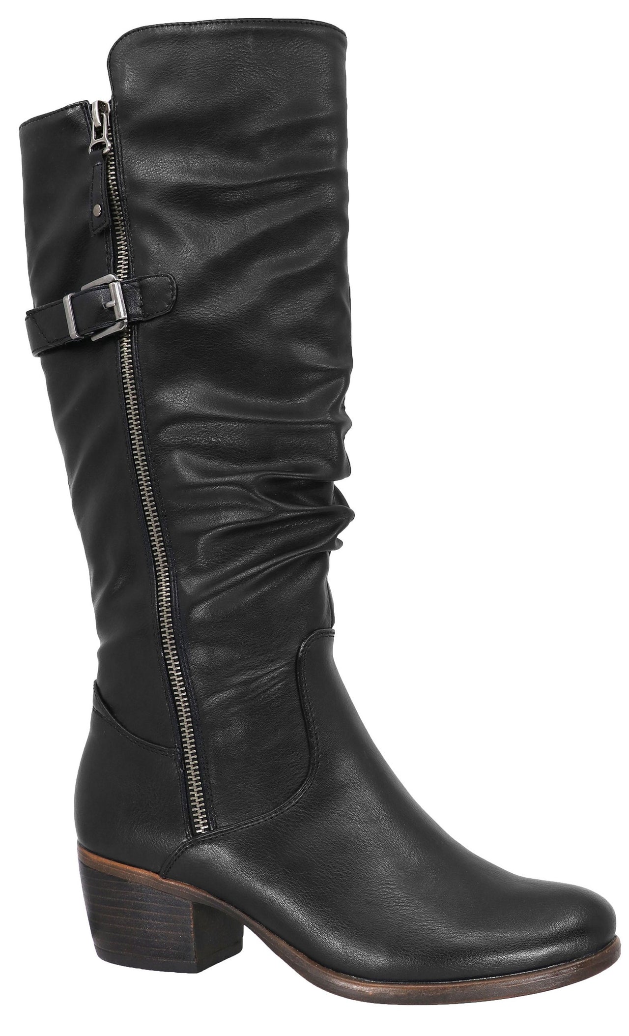 Knee-high black leather boot with side zipper and decorative buckle.