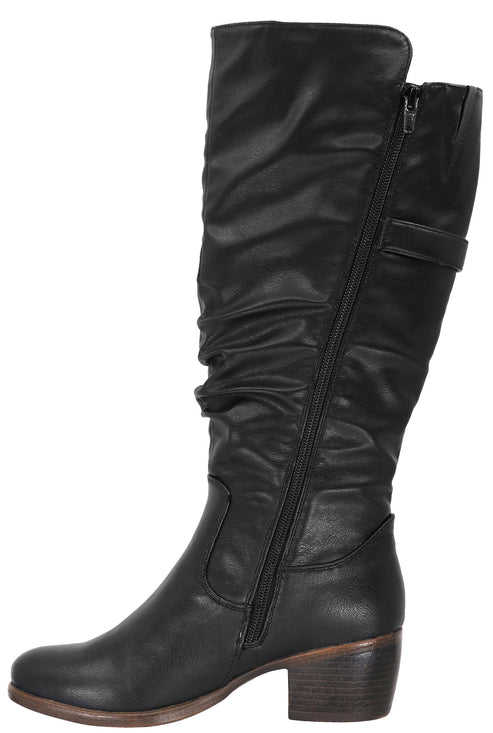 Black knee-high boot with side zipper and a chunky, wooden heel.