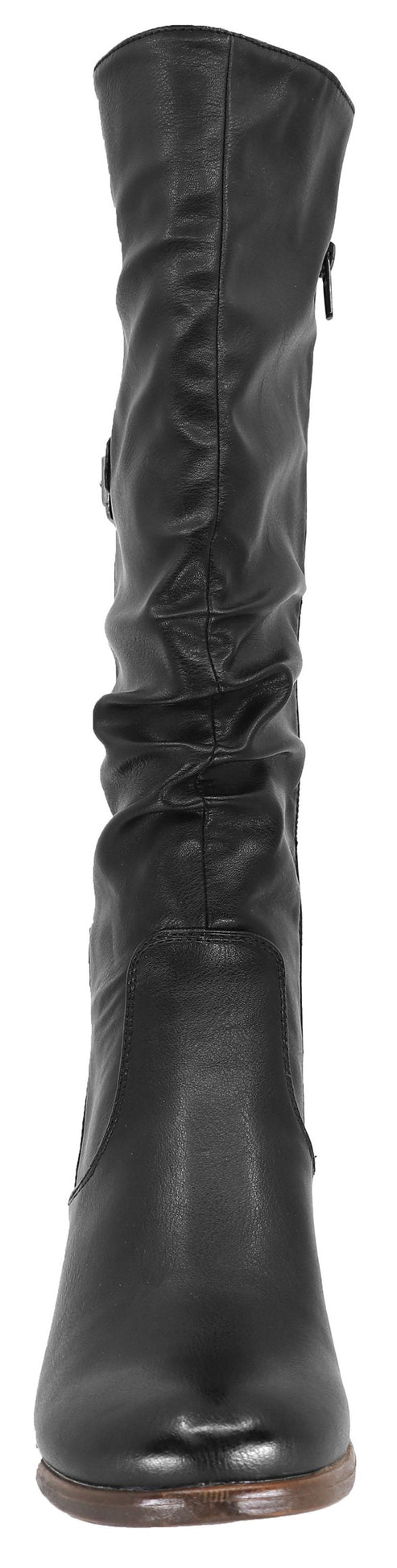 A front view of a black, knee-high boot with a slight heel and a zipper.