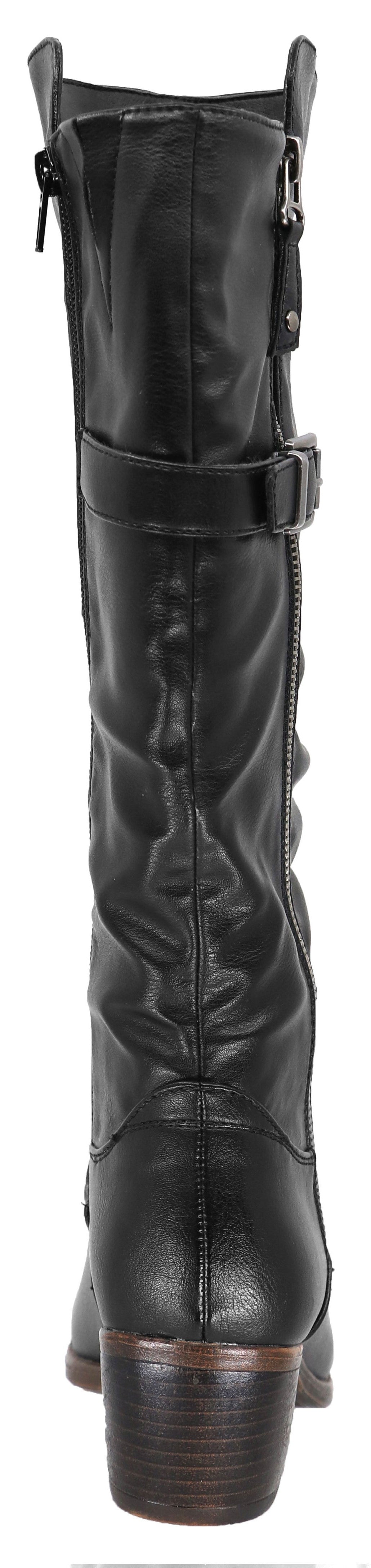 Black boot with a block heel and buckle detail.