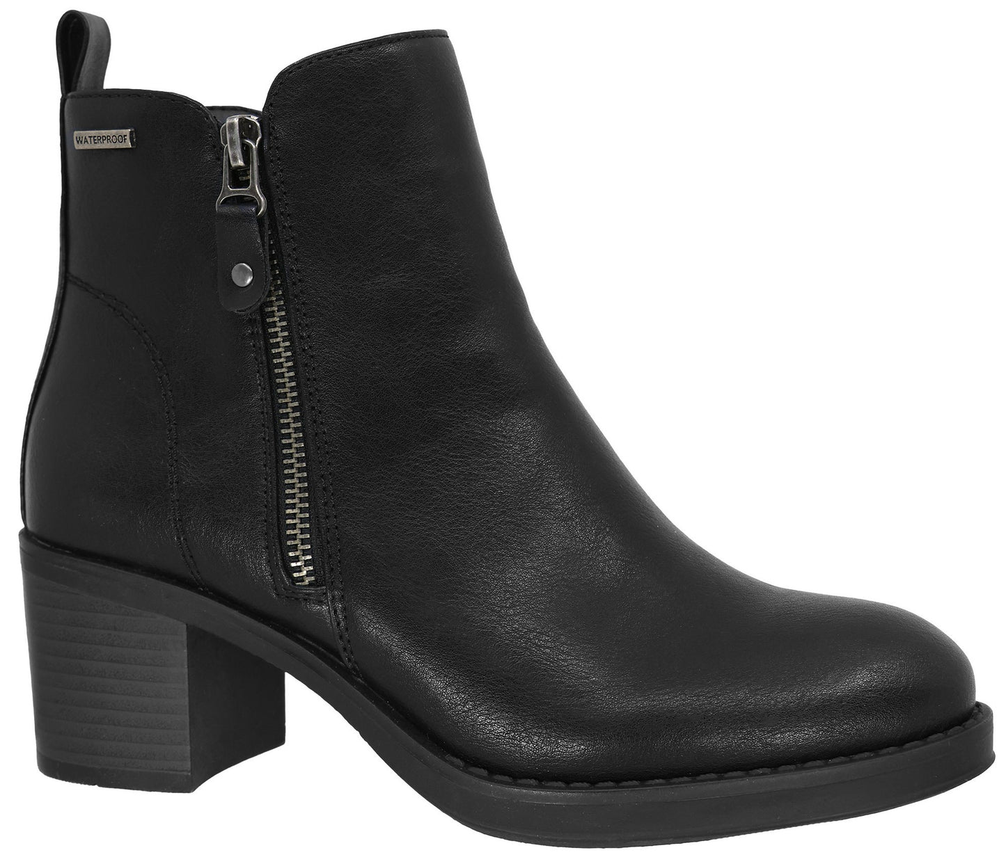 A black leather ankle boot with a block heel, a side zipper, and a pull tab at the back.
