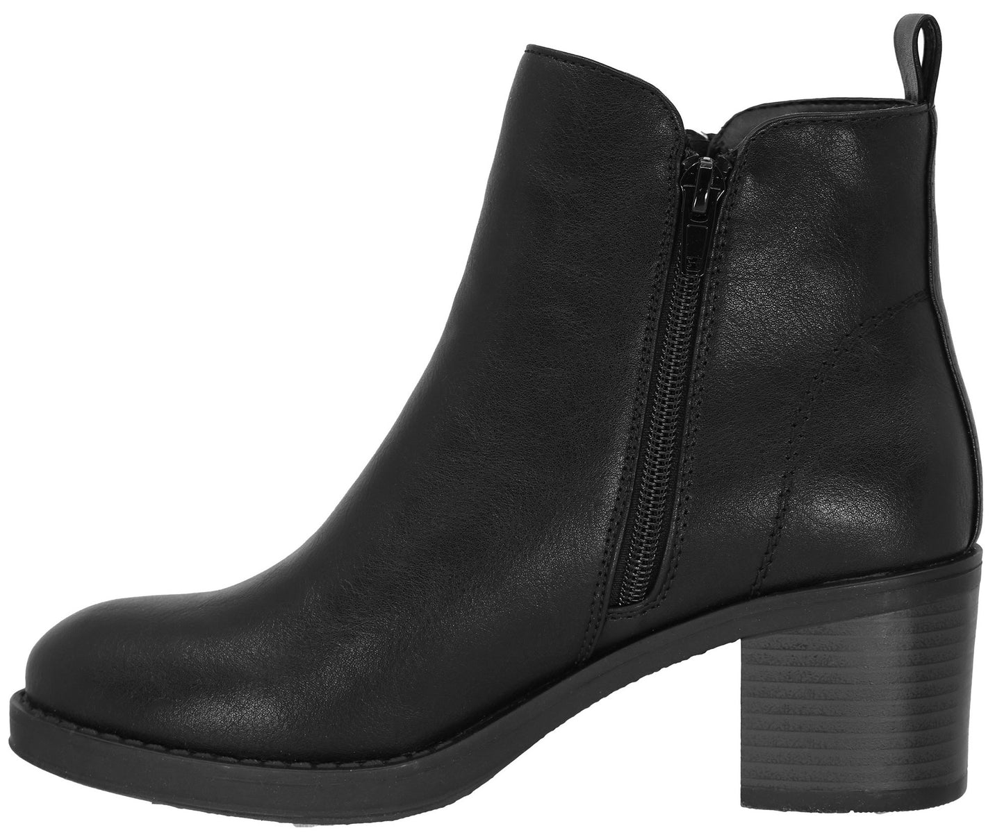 A black ankle boot with a rounded toe, a side zipper, and a low stacked block heel.