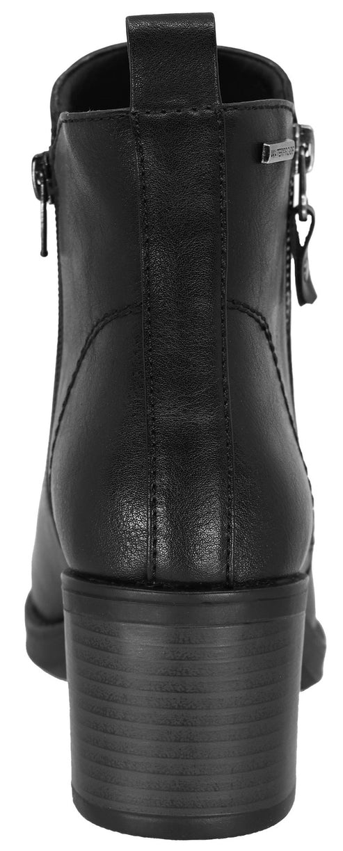 A back view of a black ankle boot with a block heel, featuring a vertical seam down the center back, a pull tab at the top, and silver zipper hardware visible on the sides.
