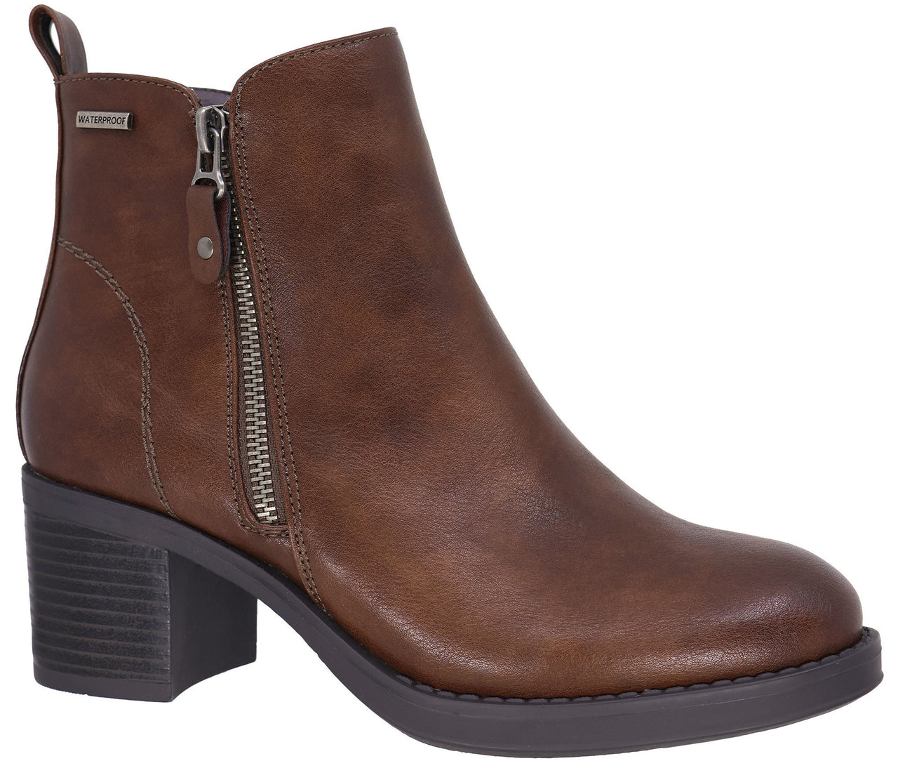 A brown, ankle-height waterproof boot with a side zipper closure, a pull tab at the back, and a sturdy, block-heeled sole.