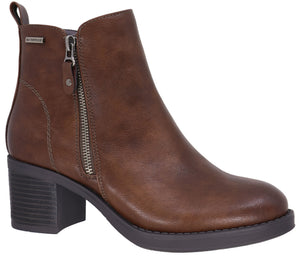 A brown, ankle-height waterproof boot with a side zipper closure, a pull tab at the back, and a sturdy, block-heeled sole.