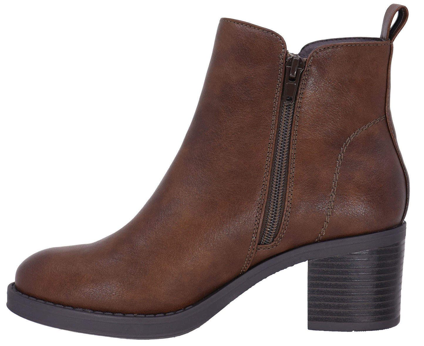 A brown ankle boot with a block heel, a side zipper, and a heel tab on a white background.