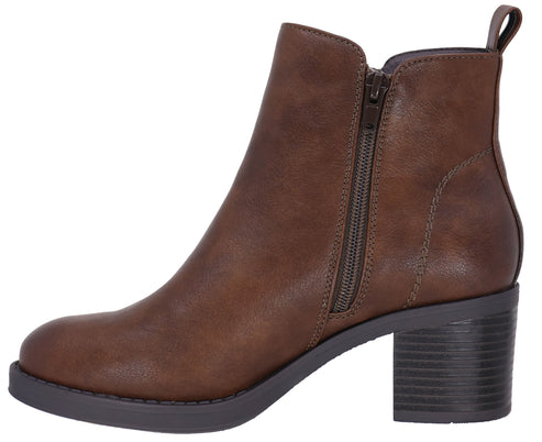 A brown ankle boot with a block heel, a side zipper, and a heel tab on a white background.