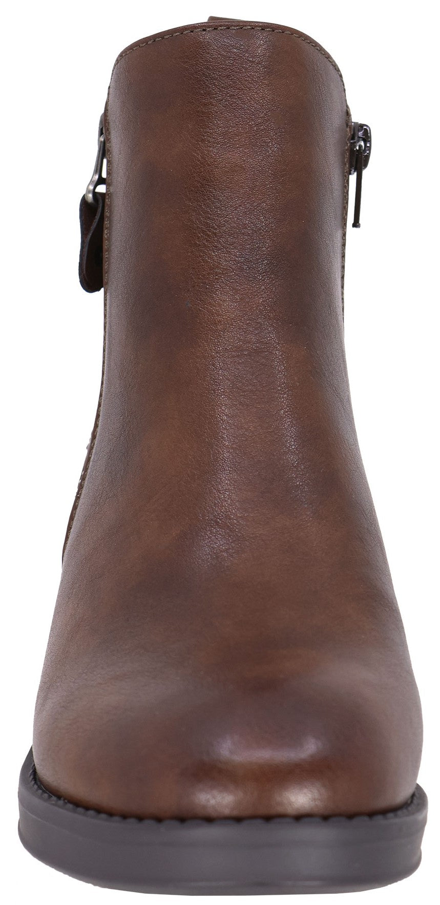 A brown leather ankle boot with a side zipper and a flat dark sole viewed from the front.