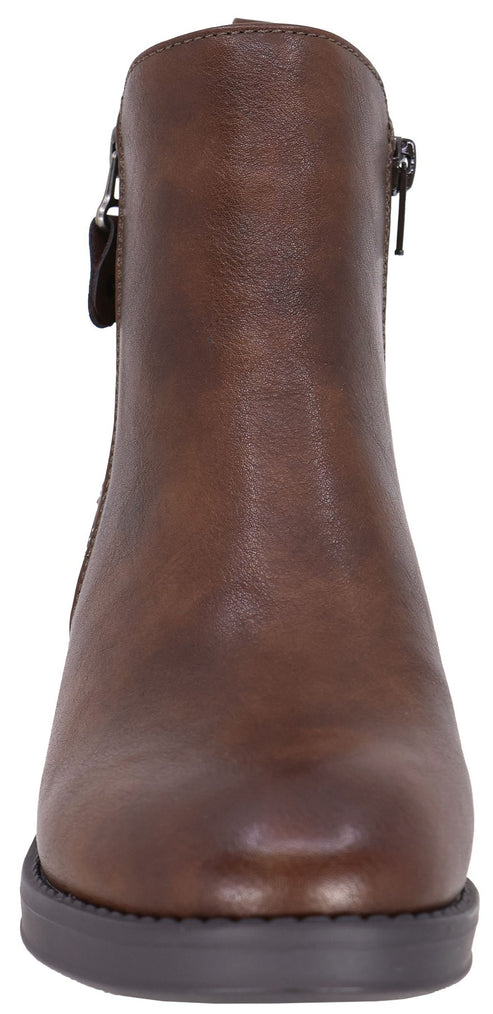 A brown leather ankle boot with a side zipper and a flat dark sole viewed from the front.