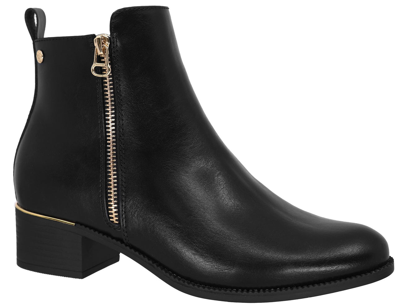 A black ankle boot with a rounded toe, a block heel, a gold-colored vertical zipper along the side, and a small gold accent on the heel.