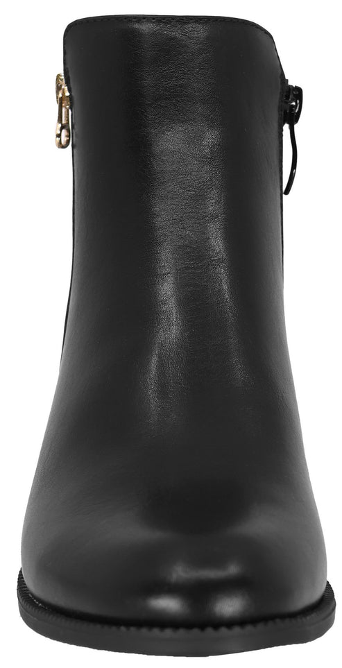A sleek, black leather ankle boot viewed from the front, featuring a rounded toe and a small gold-toned zipper pull on the side.