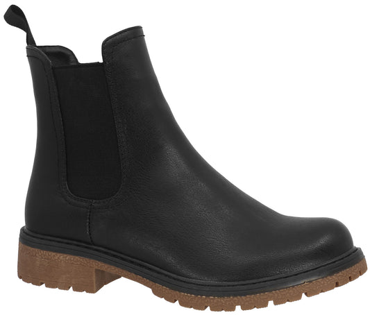A black, leather-like Chelsea boot with a brown lug sole.