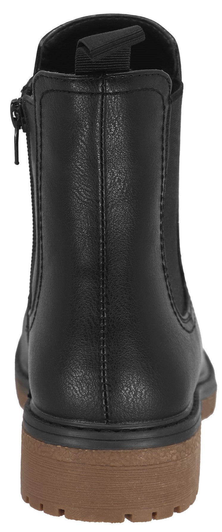 A back-view of a black boot with a brown sole, a zipper on the left side, and a loop at the top.