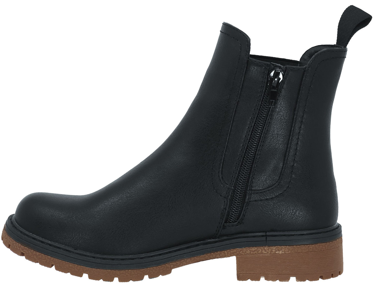 Black ankle boot with brown lug sole and side zipper.