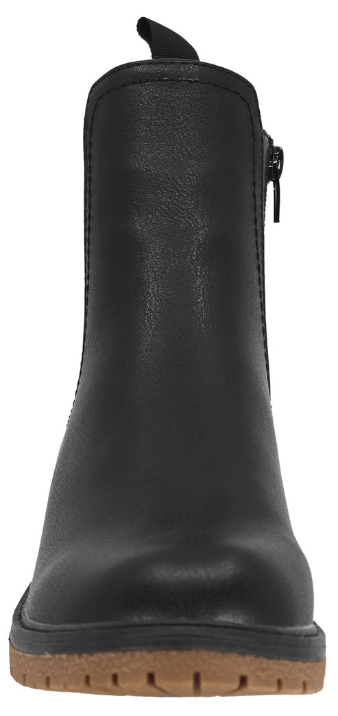 Black ankle boot with brown sole and a zipper on the side.