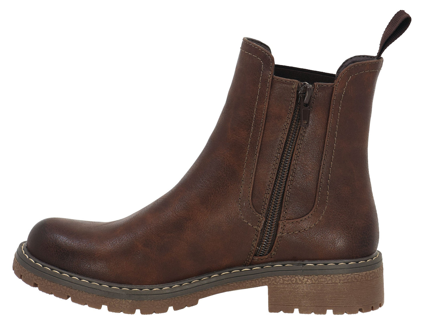 Brown ankle boot with side zipper and a low, ridged heel.