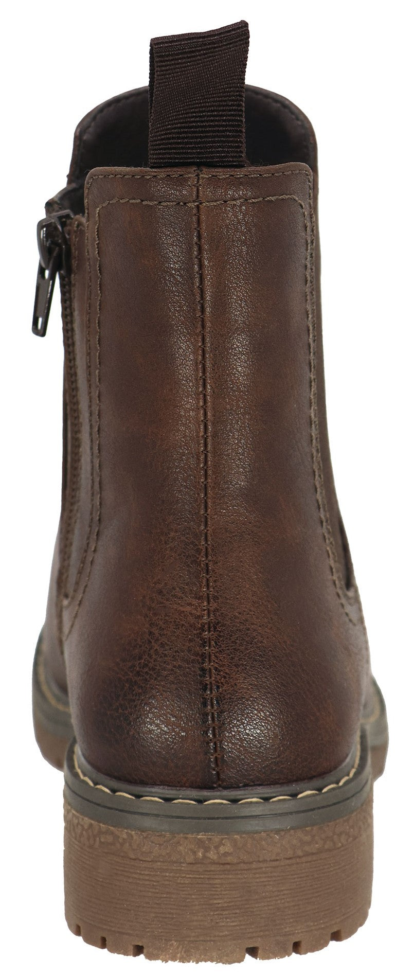 Back view of a brown ankle boot with elastic side panels and a zipper.