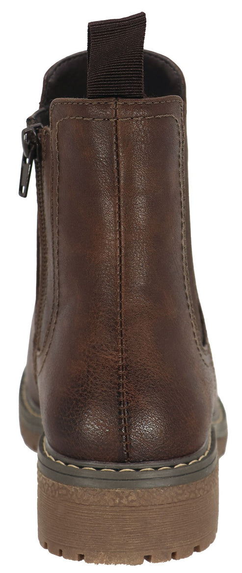 Back view of a brown ankle boot with elastic side panels and a zipper.