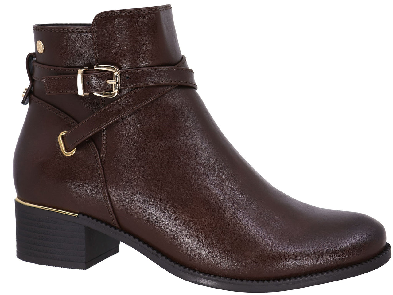 A dark brown leather ankle boot with a low block heel, featuring a decorative strap with a gold-tone buckle and a small gold metallic accent above the heel.