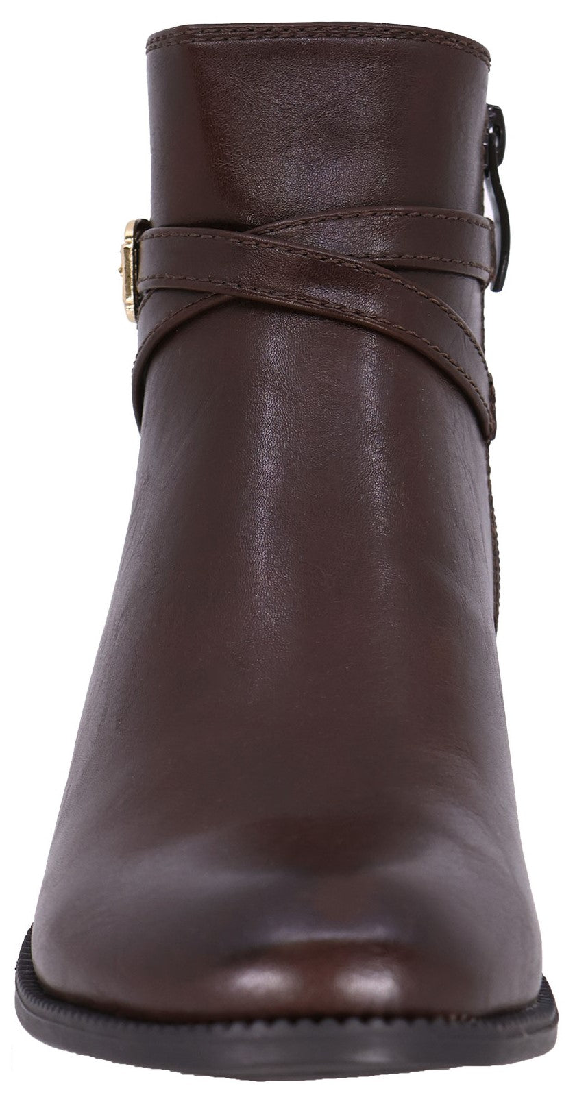 A brown leather ankle boot with a rounded toe, featuring a thin, decorative wrap-around strap with a gold-tone buckle detail at the side and a zipper closure on the inner side.