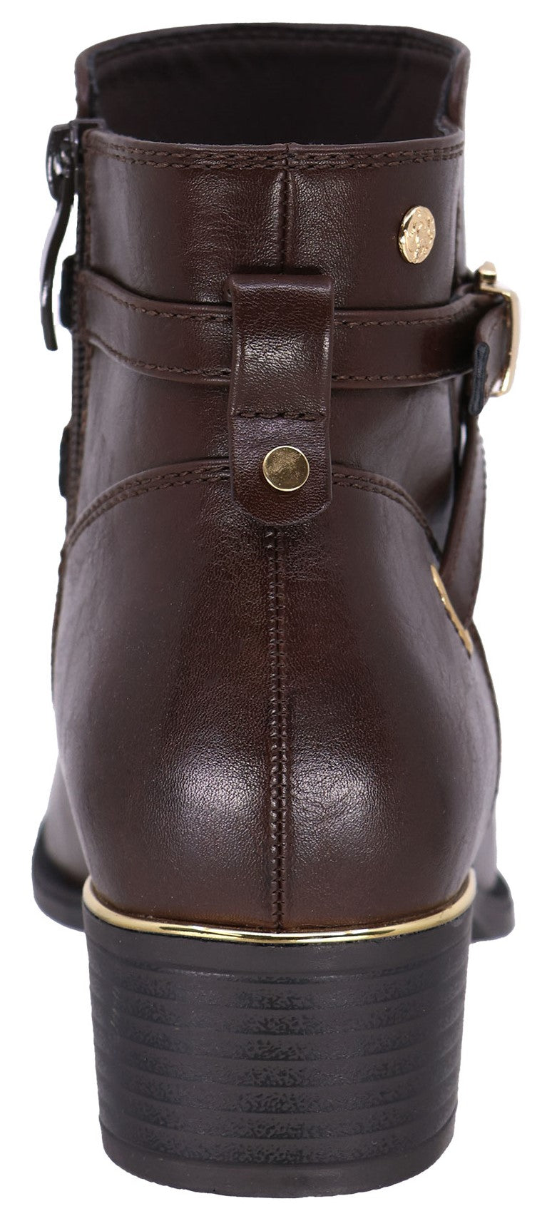 A back view of a brown faux leather ankle boot with a low block heel, featuring a metallic gold band above the heel, a buckled strap detail, and gold stud accents.