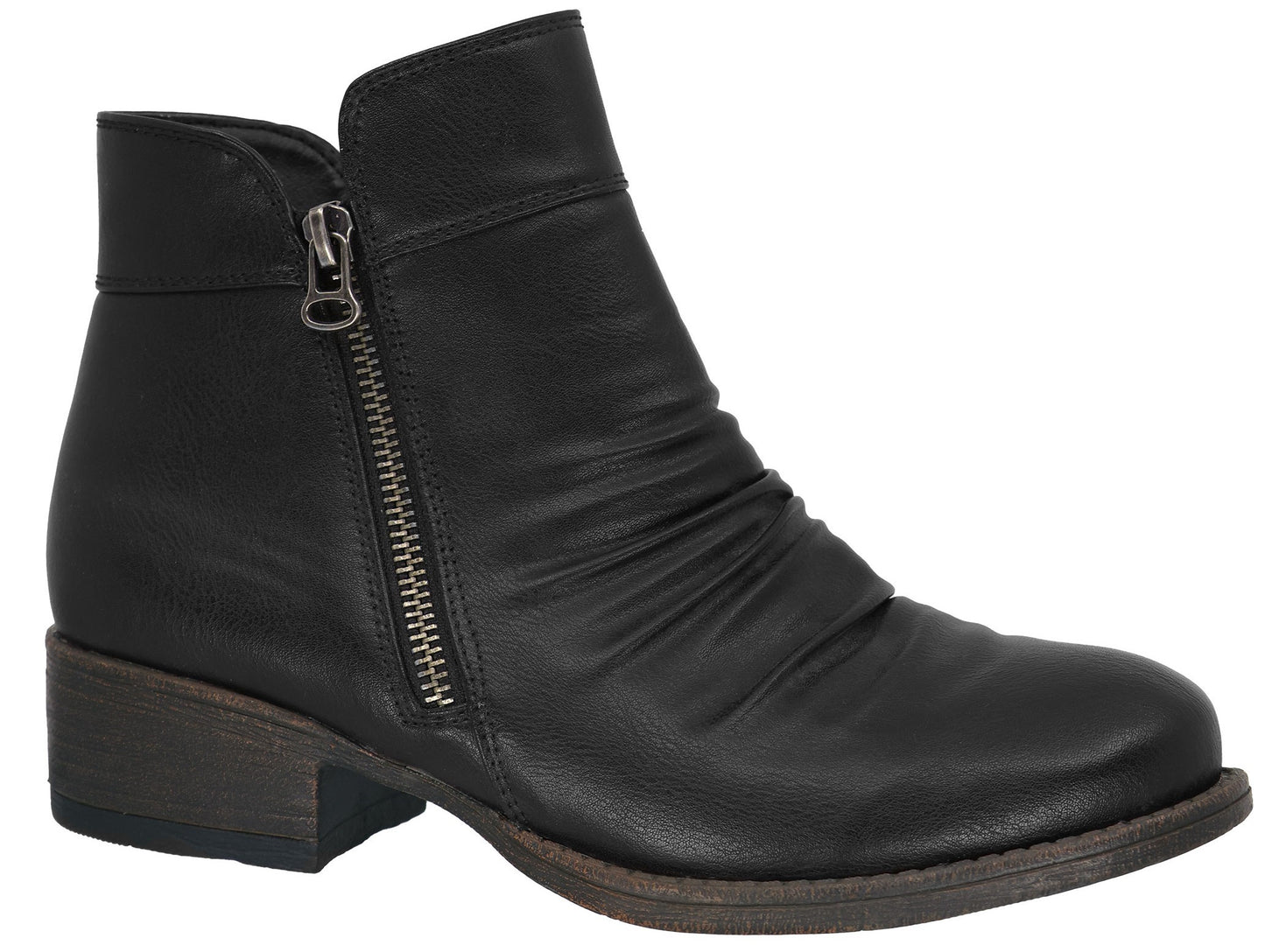 A black ankle boot with a low, block heel and a metallic side zipper detail, featuring slightly ruched leather on the front.