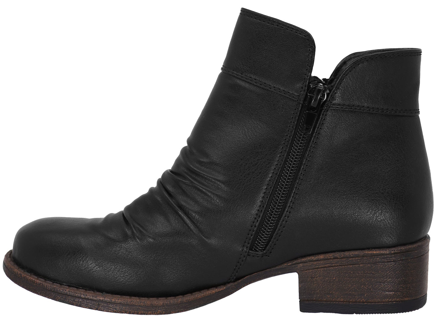 A black ankle boot with a side zipper closure, featuring a soft, scrunched leather upper and a low, dark brown block heel.